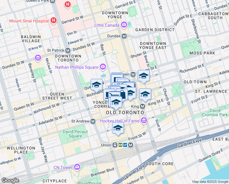 map of restaurants, bars, coffee shops, grocery stores, and more near 357 Bay Street in Toronto
