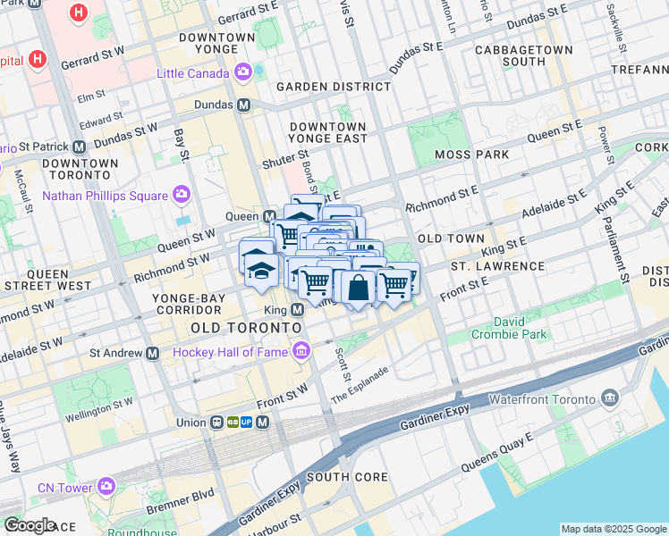 map of restaurants, bars, coffee shops, grocery stores, and more near 55 Adelaide Street East in Toronto