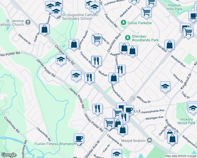 map of restaurants, bars, coffee shops, grocery stores, and more near 58 Ashbrook Way in Brampton