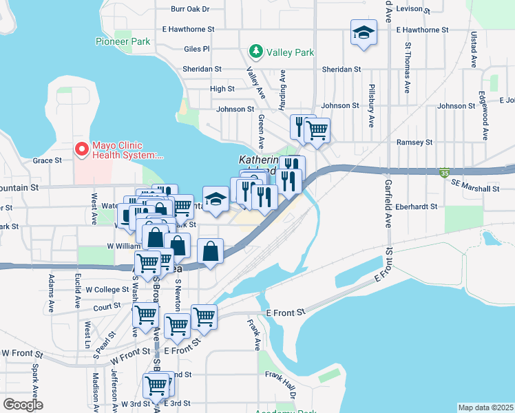 map of restaurants, bars, coffee shops, grocery stores, and more near 319 East Clark Street in Albert Lea