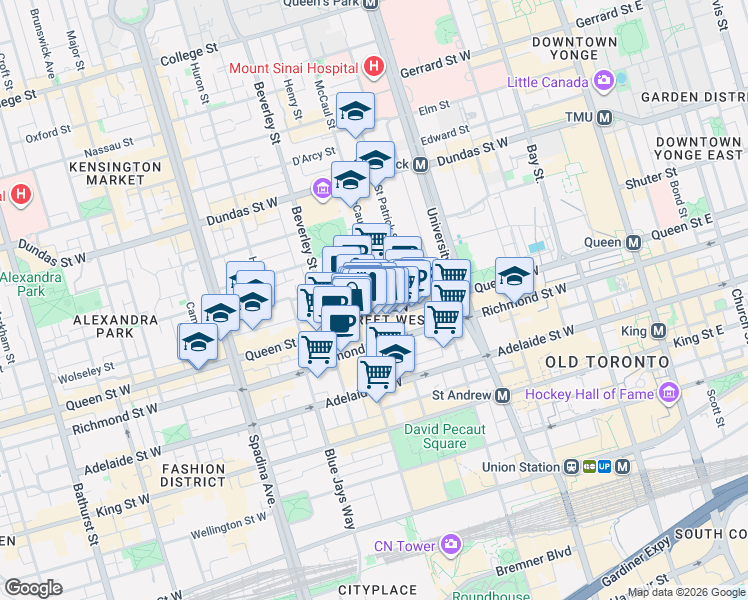 map of restaurants, bars, coffee shops, grocery stores, and more near 11 Saint Patricks Square in Toronto