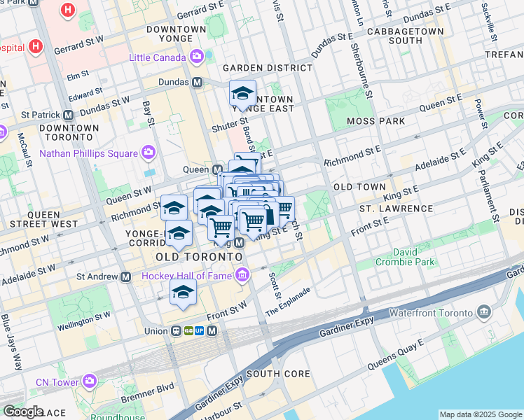 map of restaurants, bars, coffee shops, grocery stores, and more near 36 Toronto Street in Toronto