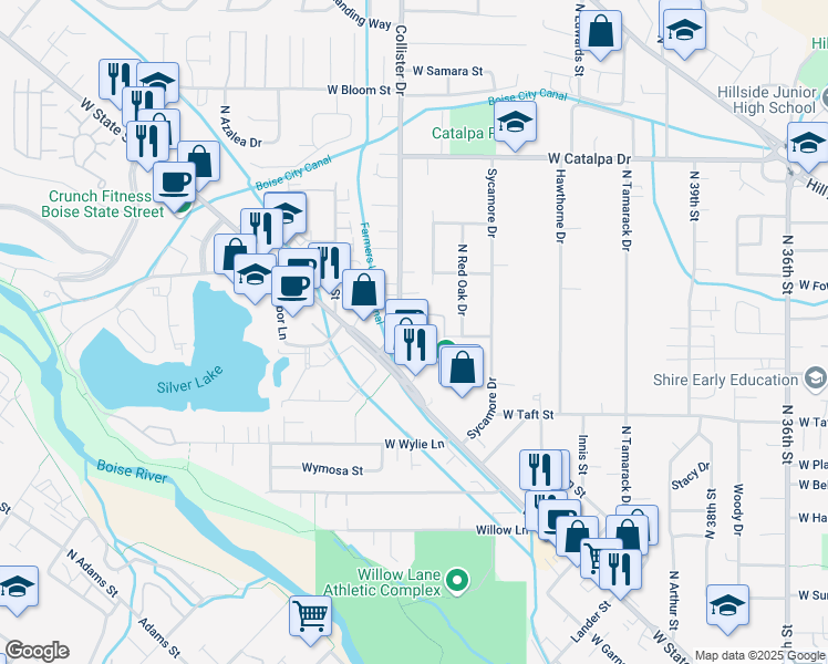 map of restaurants, bars, coffee shops, grocery stores, and more near 3350 North Collister Drive in Boise
