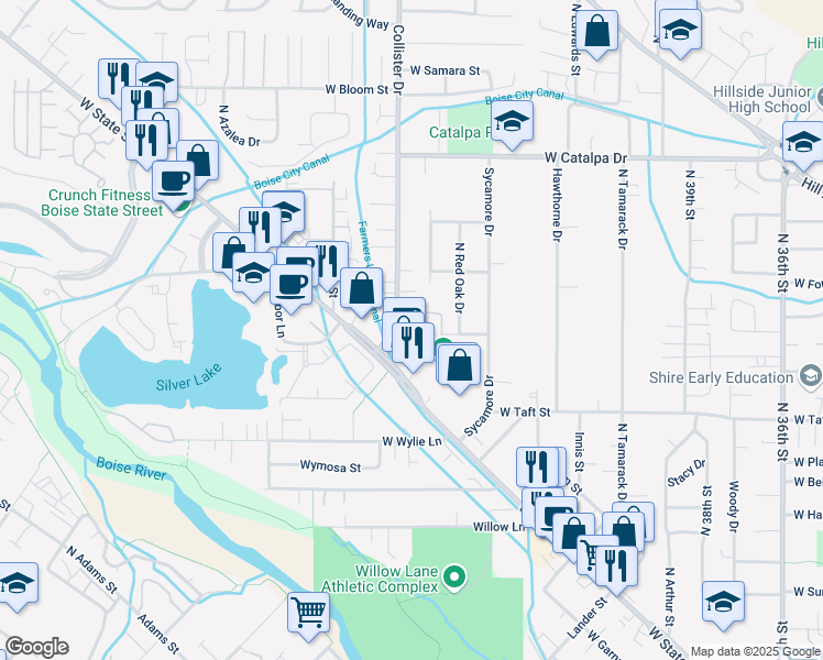 map of restaurants, bars, coffee shops, grocery stores, and more near 3301 North Collister Drive in Boise