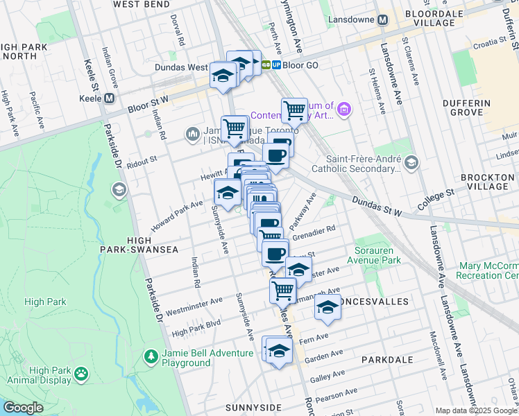 map of restaurants, bars, coffee shops, grocery stores, and more near 387 Roncesvalles Avenue in Toronto