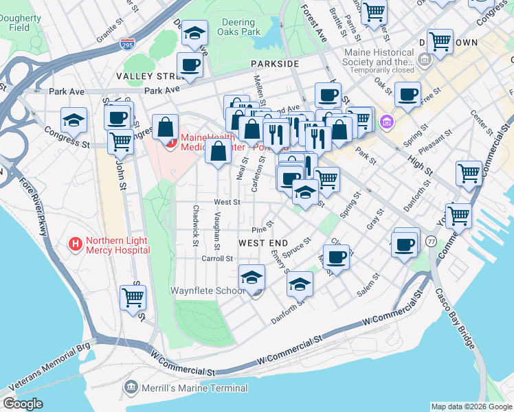 map of restaurants, bars, coffee shops, grocery stores, and more near 11 Carleton Street in Portland