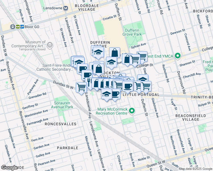 map of restaurants, bars, coffee shops, grocery stores, and more near in Toronto