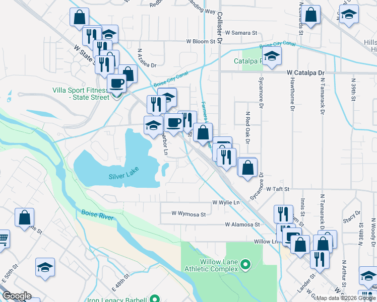 map of restaurants, bars, coffee shops, grocery stores, and more near 3316 North Lakeharbor Lane in Boise