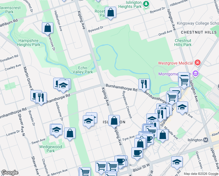map of restaurants, bars, coffee shops, grocery stores, and more near 182 Burnhamthorpe Road in Toronto