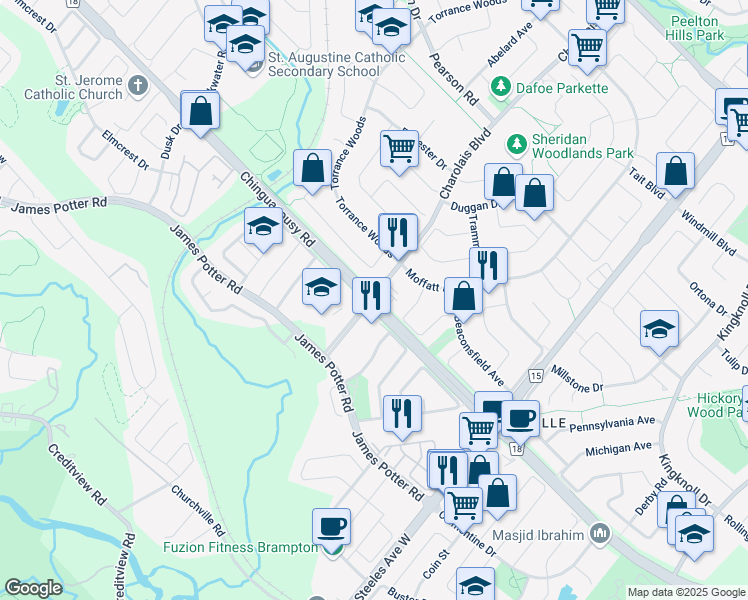 map of restaurants, bars, coffee shops, grocery stores, and more near Chinguacousy Rd & Charolais Blvd in Brampton
