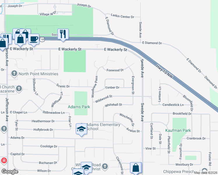 map of restaurants, bars, coffee shops, grocery stores, and more near 1301 Timber Drive in Midland