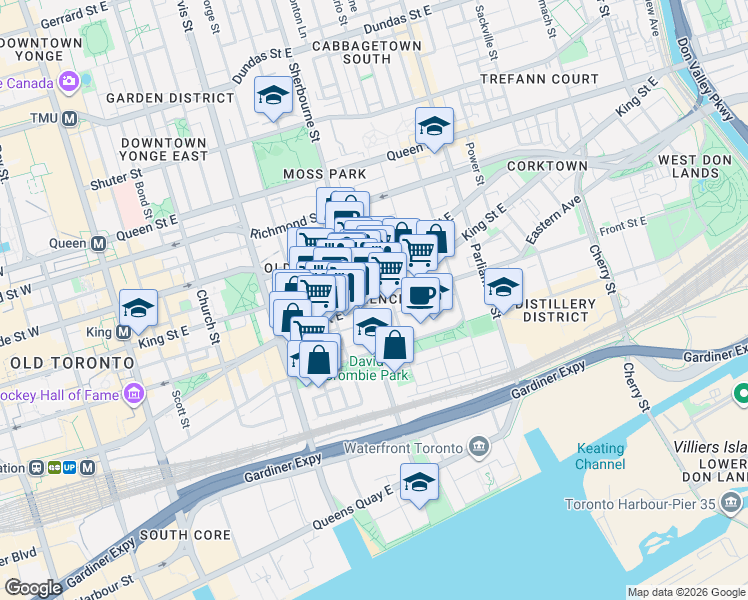 map of restaurants, bars, coffee shops, grocery stores, and more near in Toronto