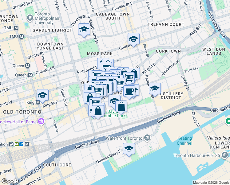 map of restaurants, bars, coffee shops, grocery stores, and more near 180 Front Street East in Toronto