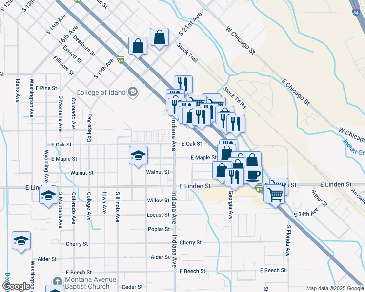 map of restaurants, bars, coffee shops, grocery stores, and more near 2114 East Oak Street in Caldwell