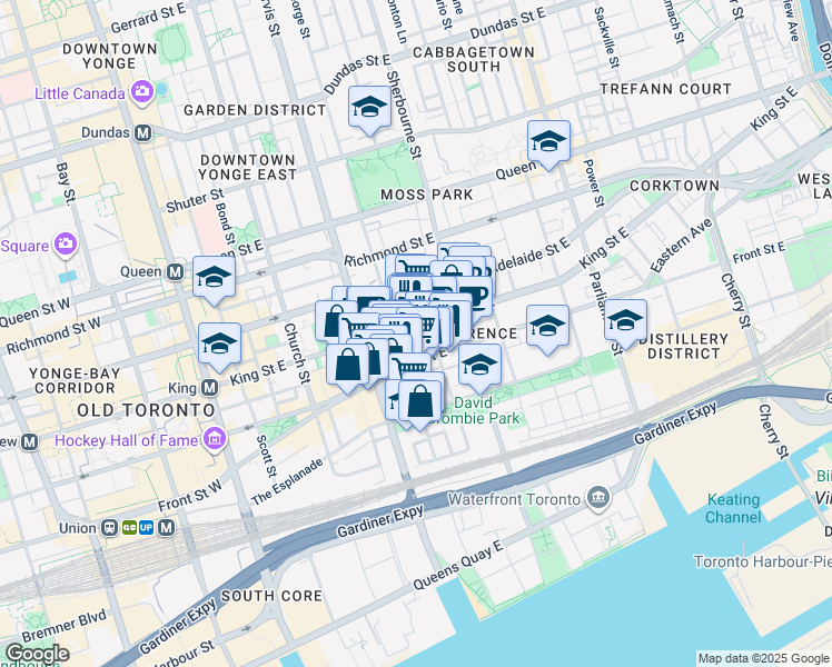 map of restaurants, bars, coffee shops, grocery stores, and more near 197 King Street East in Toronto