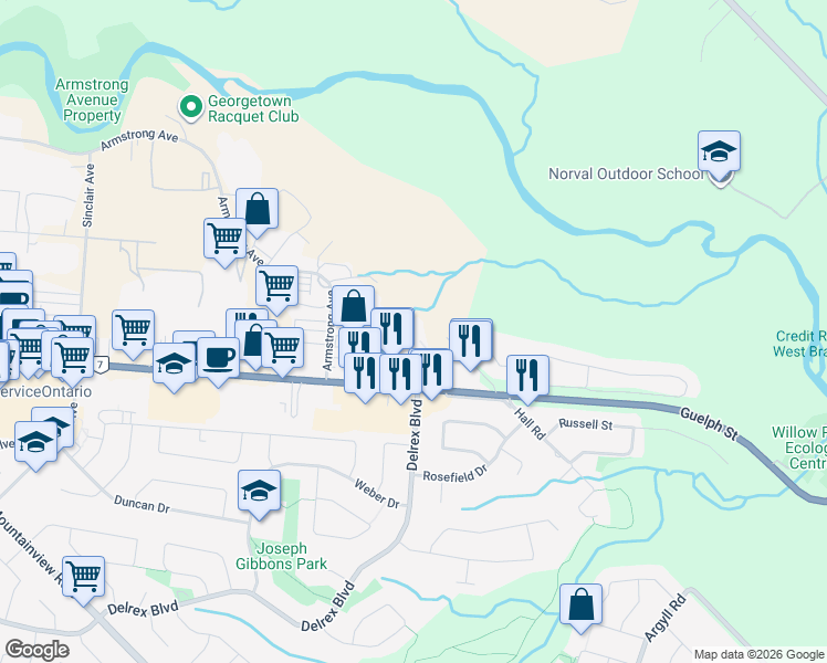 map of restaurants, bars, coffee shops, grocery stores, and more near 20 McFarlane Drive in Halton Hills