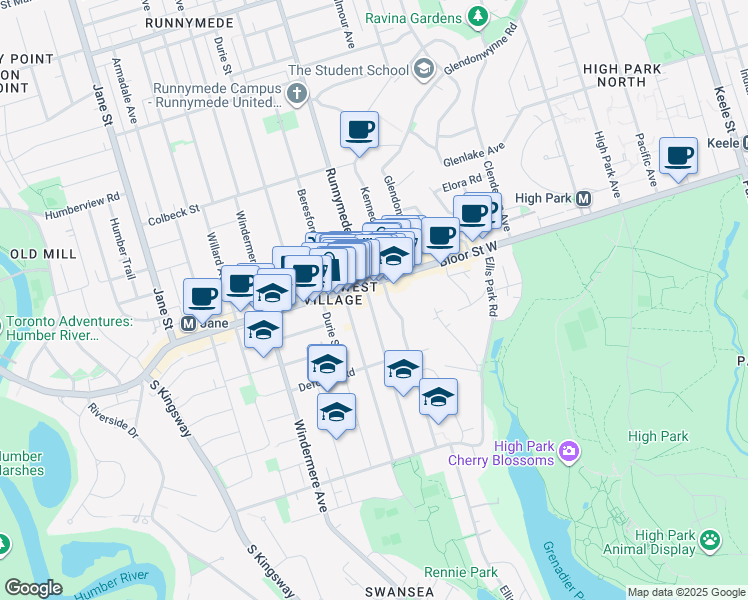 map of restaurants, bars, coffee shops, grocery stores, and more near 117 Runnymede Road in Toronto