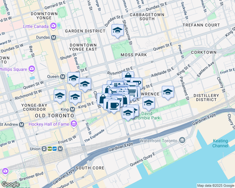 map of restaurants, bars, coffee shops, grocery stores, and more near 85 Jarvis Street in Toronto