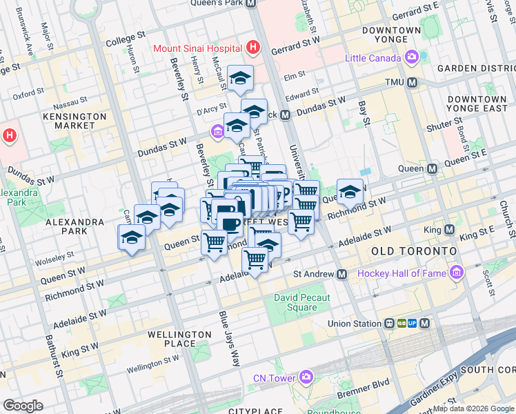 map of restaurants, bars, coffee shops, grocery stores, and more near 14 McCaul Street in Toronto