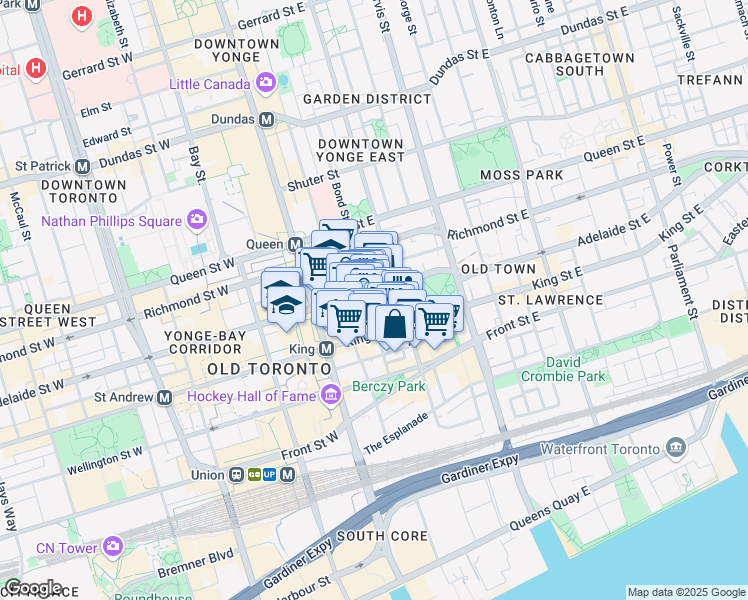 map of restaurants, bars, coffee shops, grocery stores, and more near 55 Adelaide Street East in Toronto