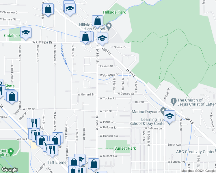 map of restaurants, bars, coffee shops, grocery stores, and more near 3549 Magnolia Street in Boise