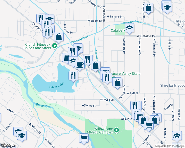 map of restaurants, bars, coffee shops, grocery stores, and more near West State Street in Boise