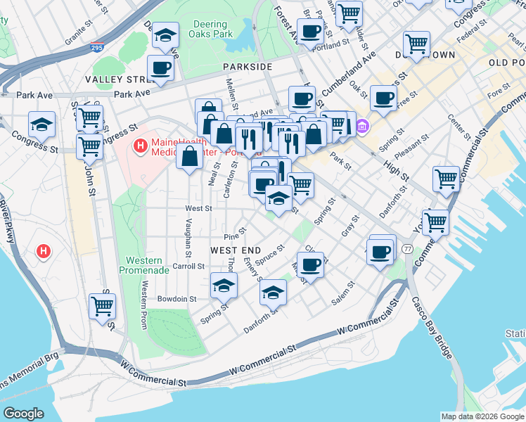 map of restaurants, bars, coffee shops, grocery stores, and more near 15 Lewis Street in Portland