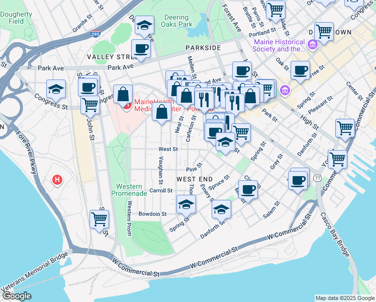 map of restaurants, bars, coffee shops, grocery stores, and more near 11 Carleton Street in Portland