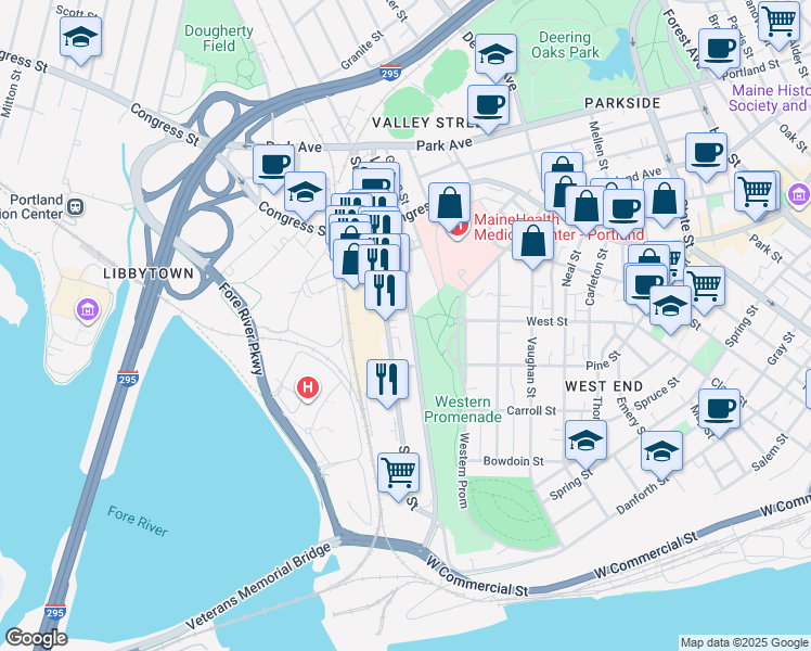 map of restaurants, bars, coffee shops, grocery stores, and more near 200 Valley Street in Portland