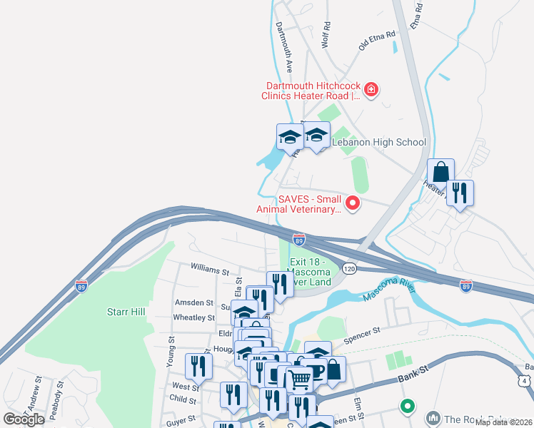 map of restaurants, bars, coffee shops, grocery stores, and more near 152 Hanover Street in Lebanon