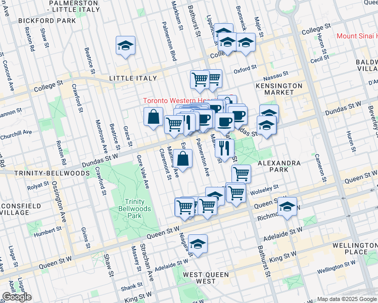 map of restaurants, bars, coffee shops, grocery stores, and more near in Toronto