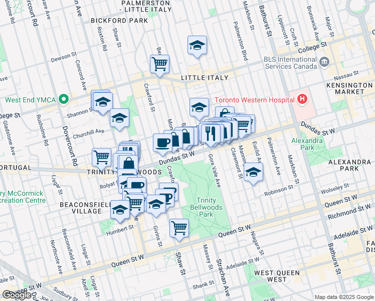 map of restaurants, bars, coffee shops, grocery stores, and more near in Toronto