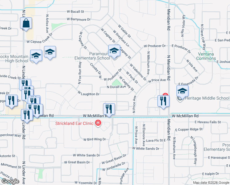 map of restaurants, bars, coffee shops, grocery stores, and more near 634 West Archerfield Drive in Meridian