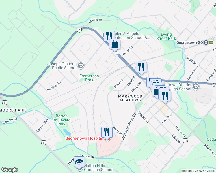map of restaurants, bars, coffee shops, grocery stores, and more near 34 Mary Street in Halton Hills