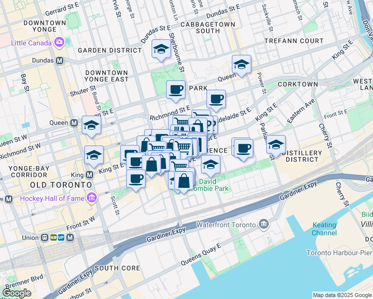 map of restaurants, bars, coffee shops, grocery stores, and more near 180 Frederick Street in Toronto