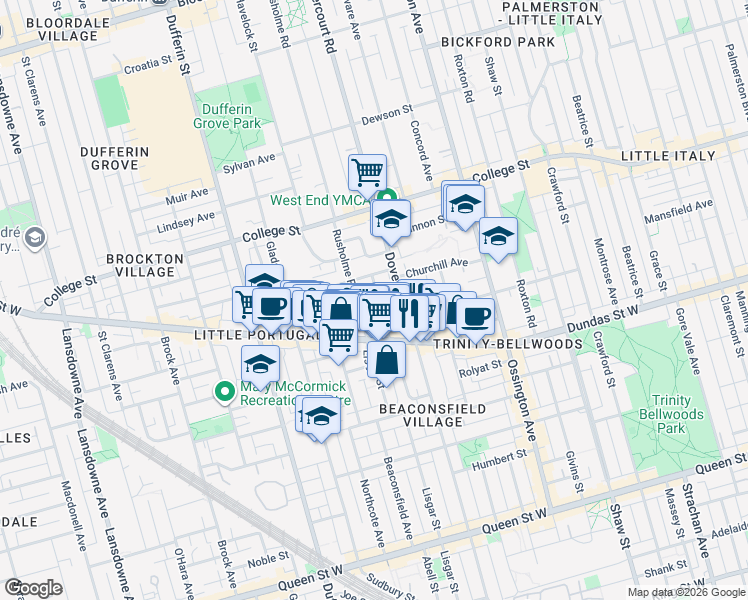 map of restaurants, bars, coffee shops, grocery stores, and more near 1305 A Dundas Street West in Toronto