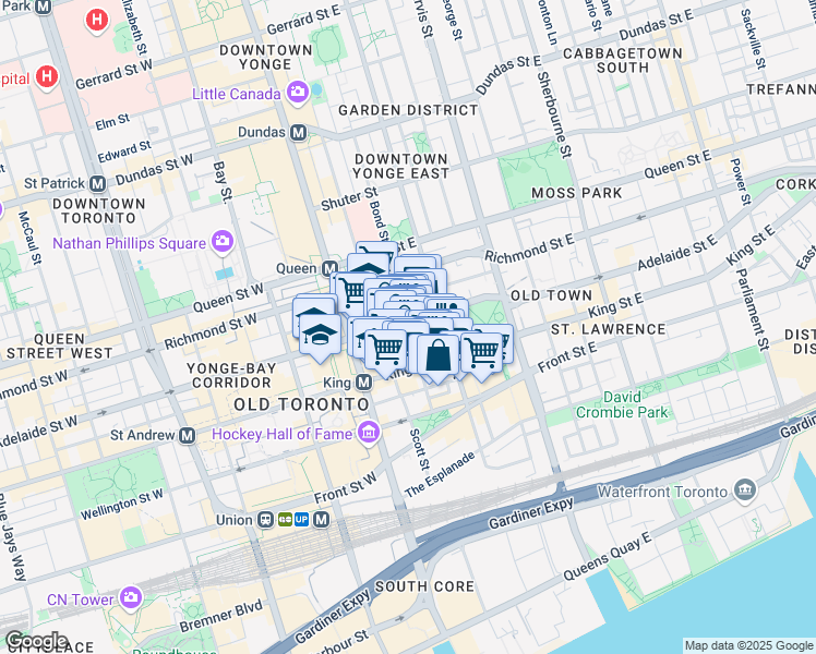 map of restaurants, bars, coffee shops, grocery stores, and more near 70 King Street East in Toronto