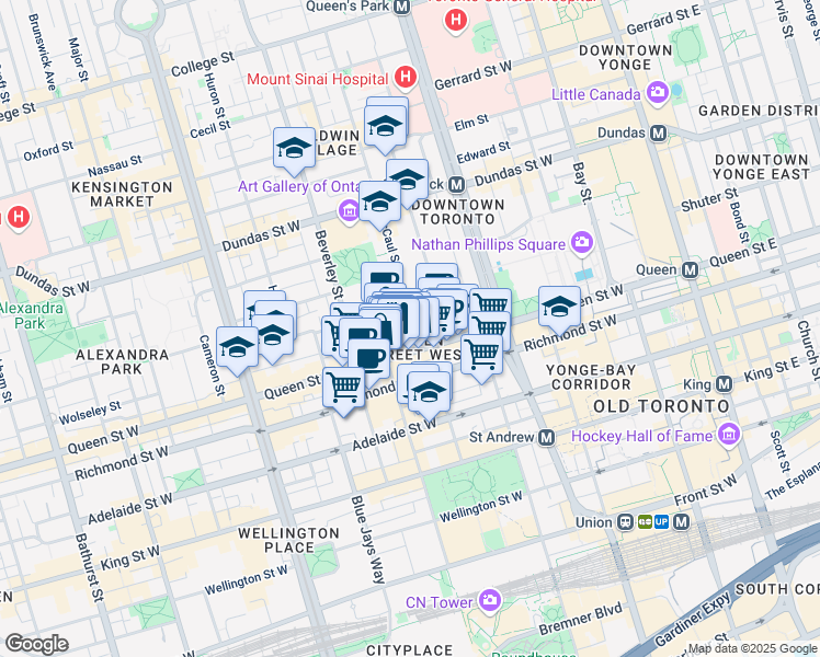 map of restaurants, bars, coffee shops, grocery stores, and more near in Toronto