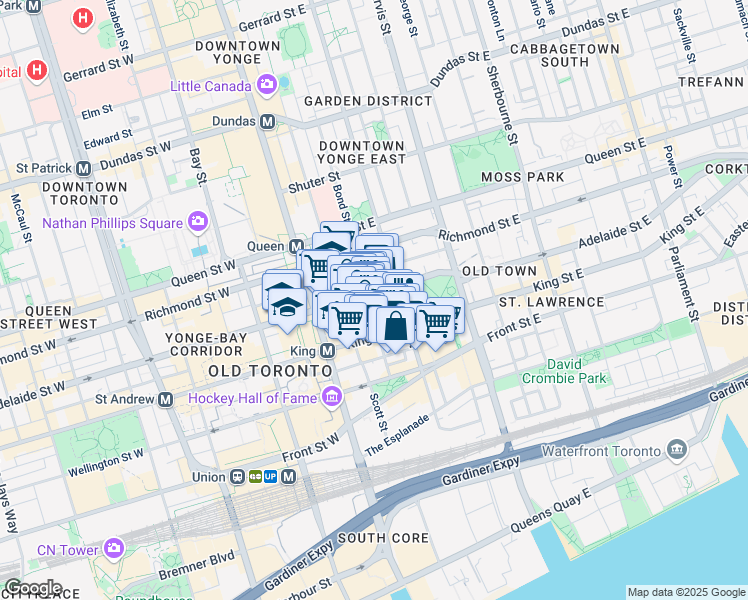 map of restaurants, bars, coffee shops, grocery stores, and more near 55 Adelaide Street East in Toronto