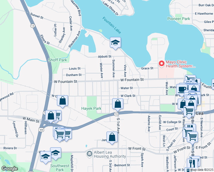 map of restaurants, bars, coffee shops, grocery stores, and more near 904 West Fountain Street in Albert Lea