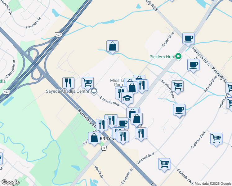 map of restaurants, bars, coffee shops, grocery stores, and more near 205 Export Boulevard in Mississauga
