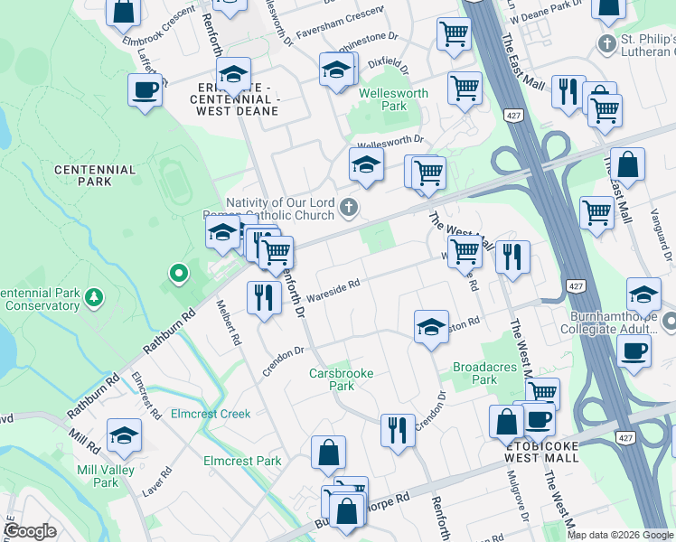 map of restaurants, bars, coffee shops, grocery stores, and more near in Toronto