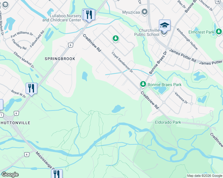 map of restaurants, bars, coffee shops, grocery stores, and more near 80 Classic Drive in Brampton