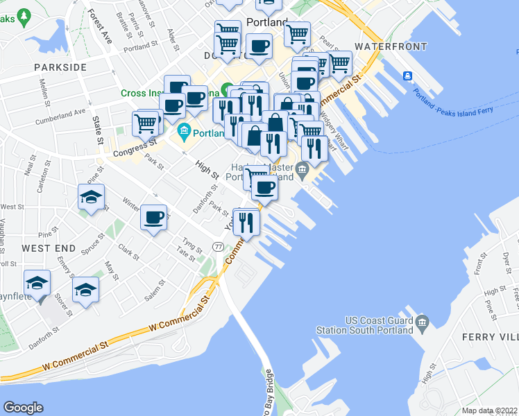 map of restaurants, bars, coffee shops, grocery stores, and more near High Street in Portland
