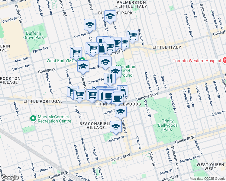 map of restaurants, bars, coffee shops, grocery stores, and more near 298 Ossington Avenue in Toronto