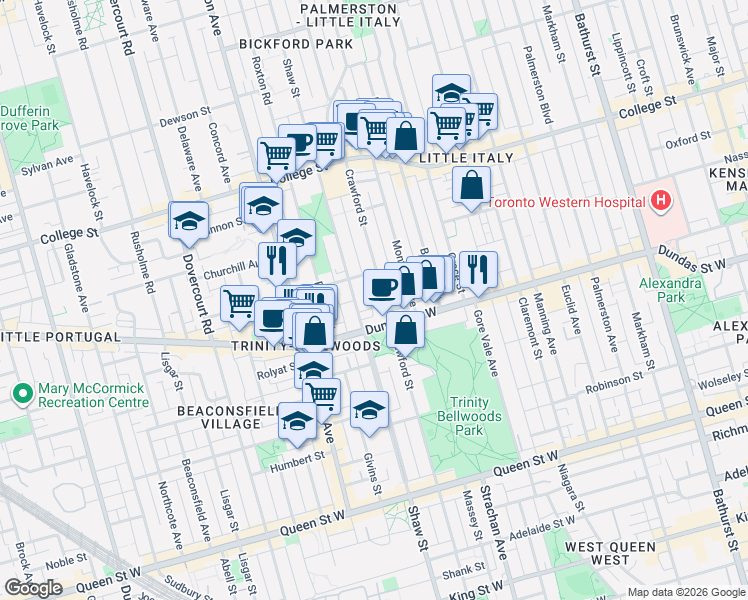 map of restaurants, bars, coffee shops, grocery stores, and more near 278 Crawford Street in Toronto