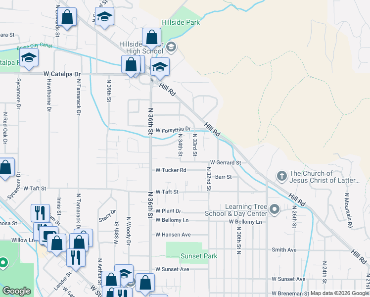 map of restaurants, bars, coffee shops, grocery stores, and more near 3410 North 34th Street in Boise