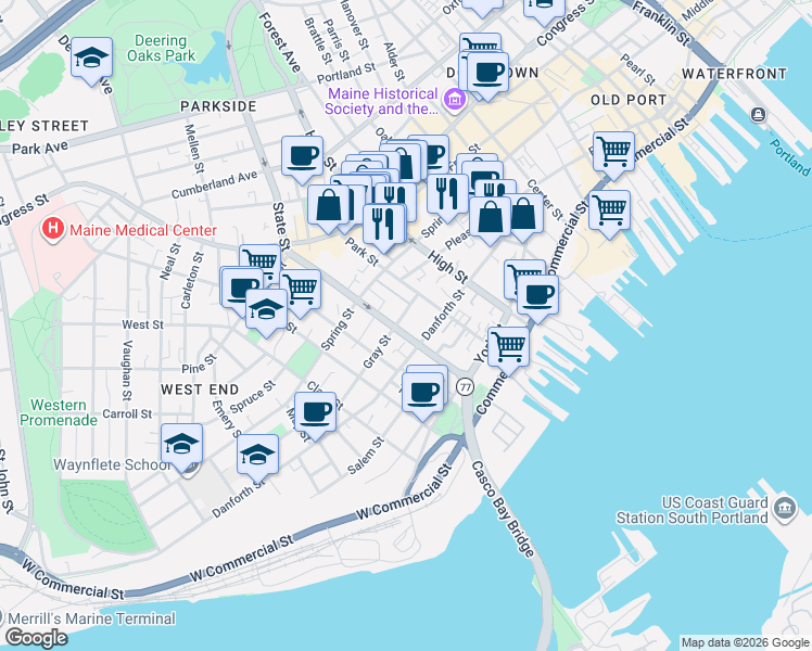 map of restaurants, bars, coffee shops, grocery stores, and more near 74 Park Street in Portland