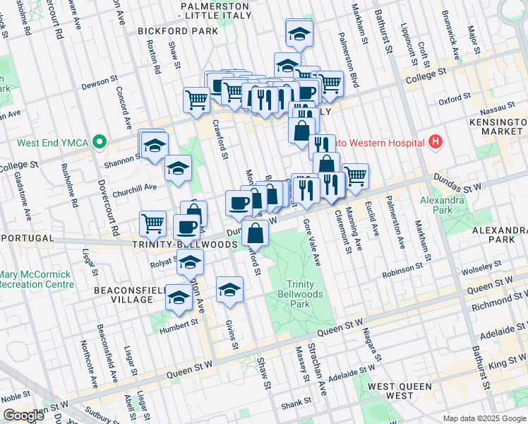 map of restaurants, bars, coffee shops, grocery stores, and more near in Toronto
