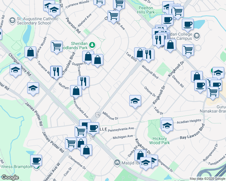 map of restaurants, bars, coffee shops, grocery stores, and more near 24 Hendricks Crescent in Brampton